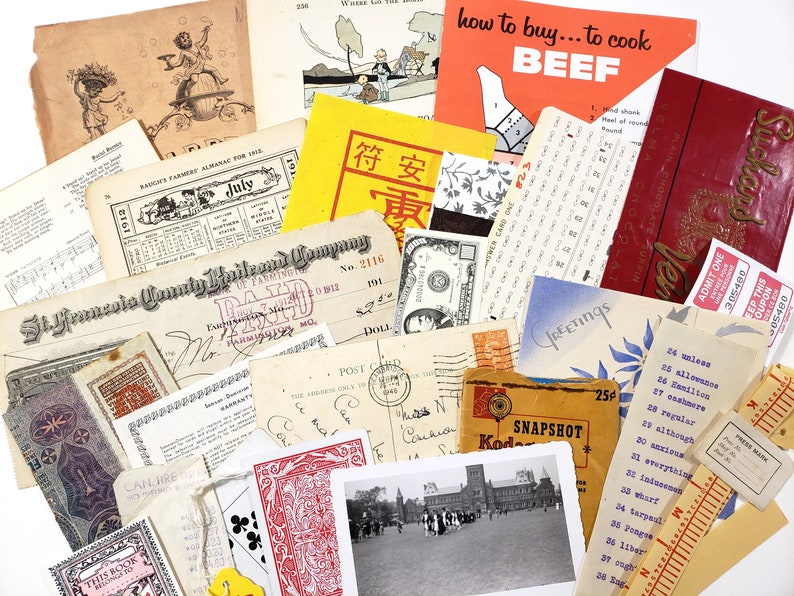 May include: A collection of vintage ephemera, including receipts, postcards, a dollar bill, playing cards, and a recipe guide for beef. Various colors and fonts are visible, creating a nostalgic aesthetic.