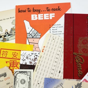May include: A collection of vintage ephemera, including a beef cooking guide, a chocolate bar, a dollar bill, and various tickets and cards. The items are arranged on a white surface, with a variety of colors and textures.