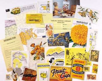 GELB Vintage MINI Ephemera - 25 Teile, Farbthema, junk journaling, Bastelbedarf, Collagen Kunst, Scrapbooking, TRUE Ephemera