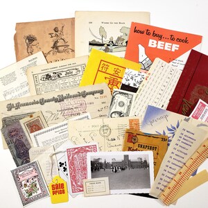 May include: A collection of vintage ephemera, including postcards, receipts, playing cards, and advertisements. Notable items include a "How to Buy... to Cook BEEF" booklet, a "Sale Price" tag, and a "Greetings" postcard.