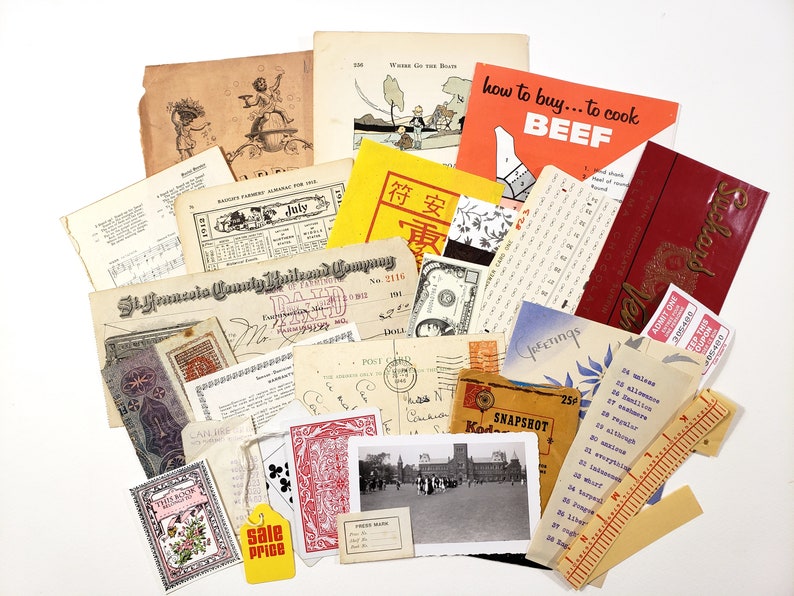 May include: A collection of vintage ephemera, including postcards, receipts, playing cards, and advertisements. Notable items include a "How to Buy... to Cook BEEF" booklet, a "Sale Price" tag, and a "Greetings" postcard.