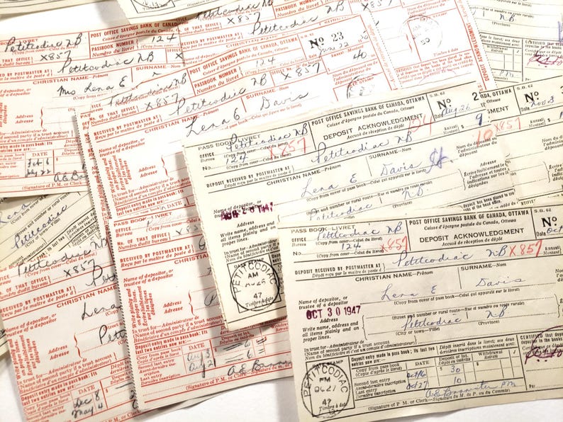 Vintage Post Office Deposit Slips, Old Forms, Handwriting, 1940s ...