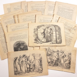 May include: A collection of aged book pages and illustrations from "The Pilgrim's Progress." The pages are yellowed with age, and the illustrations are black and white. The images depict scenes from the story, including figures and landscapes.