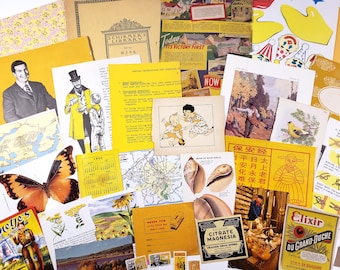GELBE Vintage Ephemera - 25+ Teile, Farbthema, Junk-Journaling, Bastelbedarf, Collagenkunst, Scrapbooking, TRUE Ephemera