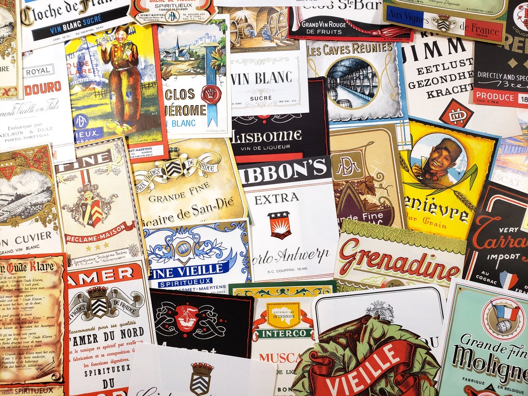 Vintage Liquor Bottle Labels, Lot of 10 Antique European Wine Labels