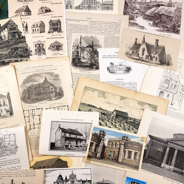 Buildings & Architecture Themed Vintage Paper Pack - 25+ pieces, junk journal scrapbooking vintage ephemera paper supplies collage art