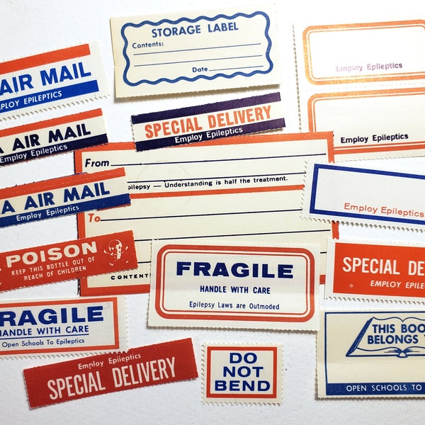 Vintage MAILING LABELS, Airmail Labels, Fragile, Epilepsy, Red, vintage paper, junk journals, collage art supplies, scrapbooking paper