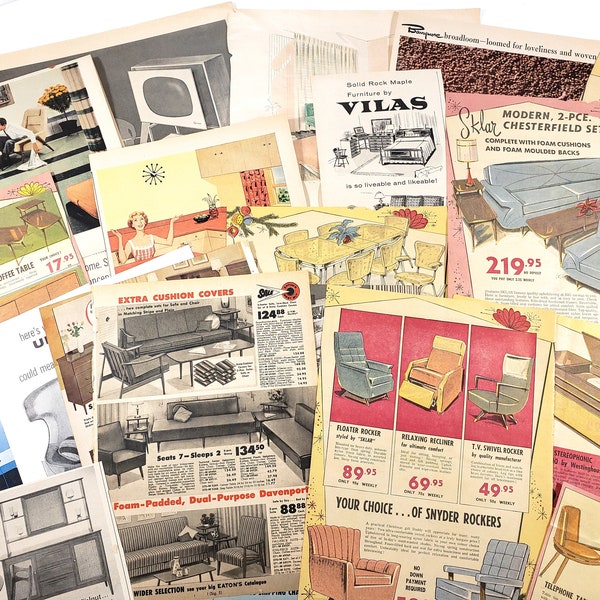 MID-MOD FURNITURE, Vintage 1950s Advertising, Housewares ads, Vintage ephemera, junk journals, scrapbooking paper, collage art supplies