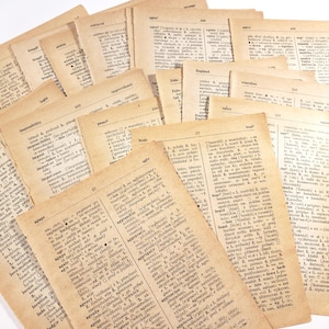 Op de afbeelding: Een verzameling verouderde woordenboekpagina's met zichtbare tekst en een warme sepia-tint. De pagina's zijn gescheurd en in een verspreid patroon gerangschikt, wat een vintage of antieke uitstraling suggereert. De pagina's zijn uit een woordenboek.