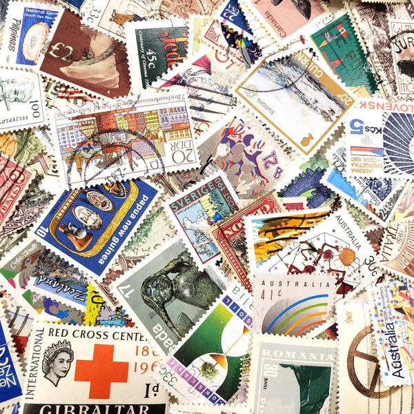 100 Vintage Postage Stamps,  Random all different, mostly commemorative, craft collage scrapbooking art ephemera, used cancelled, off paper