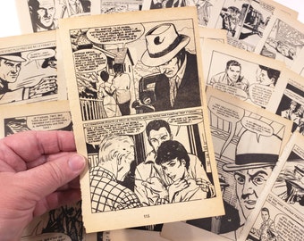 Vintage Crime Noir Comics Pages, FRENCH c.1960s- B&W illustrated comic books, ephemera, junk journal, collage art, scrapbooking supplies