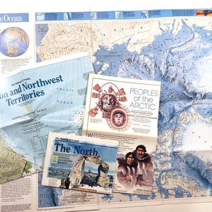 Cartes vintage de l'Arctique et du nord du Canada, années 1980, éphémères vintage, journalisation indésirable, papier de scrapbooking, fourniture d'art pour collage, décoration de voyage