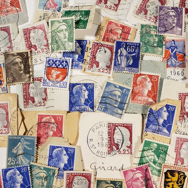 Vintage FRENCH Postage Stamps, 50 stamps, France, European Ephemera, Francais, colour craft, collage art, vintage ephemera, used & cancelled