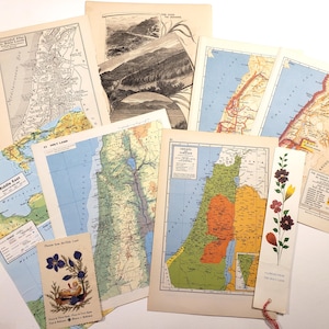 Terre sainte, cartes du Moyen-Orient, Palestine, Israël, fleurs de Terre sainte, éphémères, carnets de voyage, papier de scrapbooking, collage d'art,
