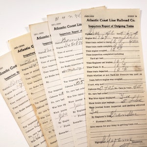 Bordereaux de rapport d'inspection ferroviaire - papier vintage, documents manuscrits, années 1940, éphémères pour journaux indésirables, fournitures de scrapbooking, vieux papiers