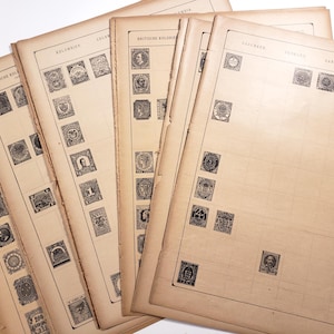 May include: A collection of vintage stamp pages, featuring rows of black and white stamps. The pages are aged with a sepia tone, and the stamps showcase various designs and portraits. The pages are arranged in a fan shape.
