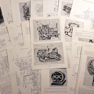 May include: A collection of vintage black and white technical book pages featuring detailed engineering diagrams, cross-section illustrations of engines, tractors, and pressure gauges, along with printed text and figure labels on off-white paper.