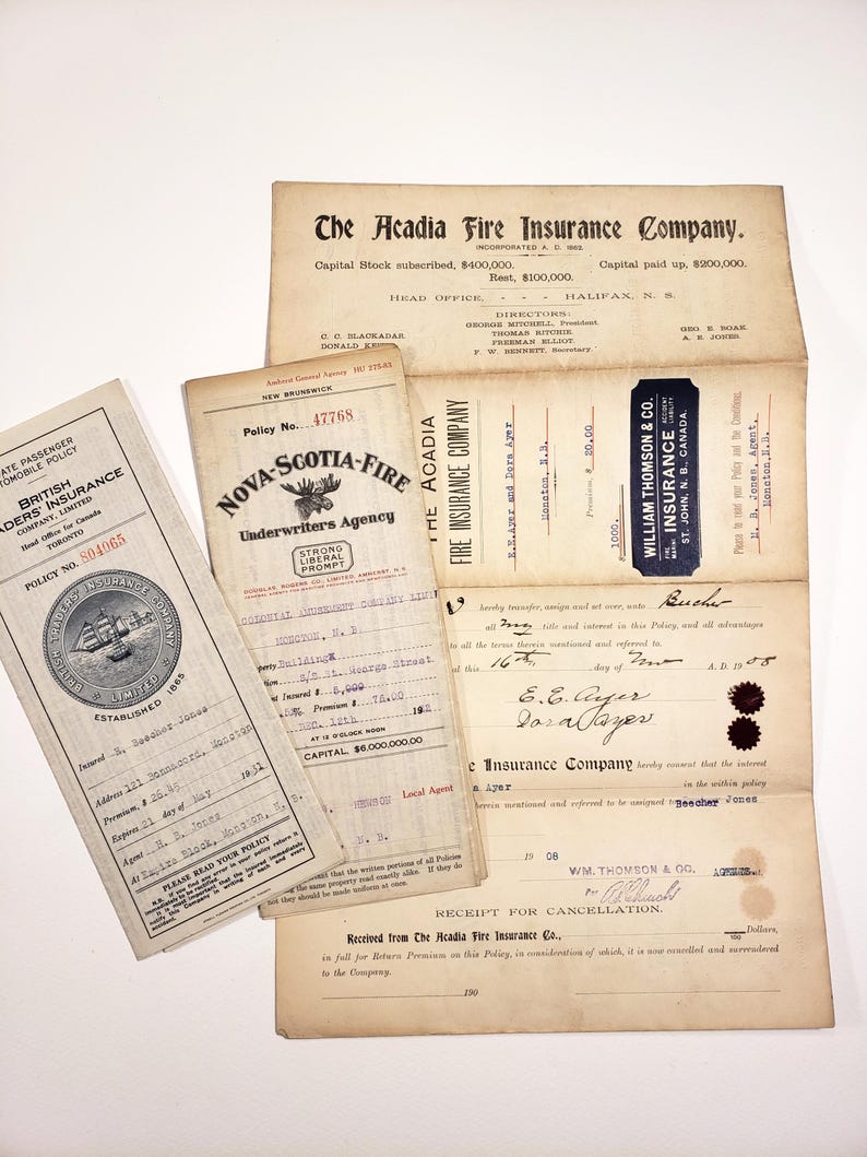 Vintage 1920s Life Insurance Policies, Canadian Ephemera, Handwritten ...