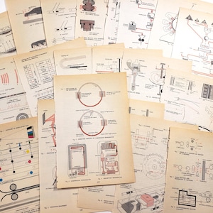 May include: A collection of vintage technical diagrams and illustrations on aged paper. The diagrams feature detailed line drawings in black, red, and blue, depicting various mechanical and scientific concepts. The pages are arranged in a scattered, overlapping manner.