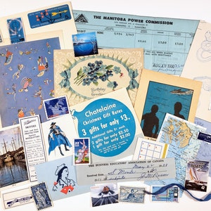 MINI Ephemera vintage bleu - plus de 25 pièces, thème de couleur, journalisation indésirable, fournitures d'artisanat, collage d'art, fournitures de scrapbooking, TRUE Ephemera