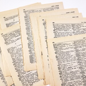 Op de afbeelding: Een verzameling verouderde woordenboekpagina's met gescheurde randen, gerangschikt in een gelaagde compositie. De pagina's tonen kleine, zwarte tekst op een crèmekleurige achtergrond, wat een vintage esthetiek creëert. De afbeelding roept een gevoel van geschiedenis en leren op.