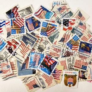 Timbres-poste vintage DRAPEAU AMÉRICAIN, paquet de 50 timbres, collage artistique couleur éphémère, utilisé et annulé, hors papier, 4 juillet !