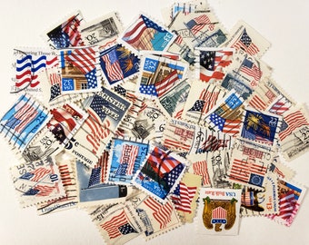 AMERICAN FLAGS Vintage Postage Stamps, pack of 50 stamps, colour craft collage art ephemera, used & cancelled, off paper, 4th of July!