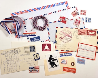AIR MAIL Ephemera Mix, Vintage Envelopes, Blank, travel junk journal, scrapbooking, snail mail, airmail, embellishments, red white & blue