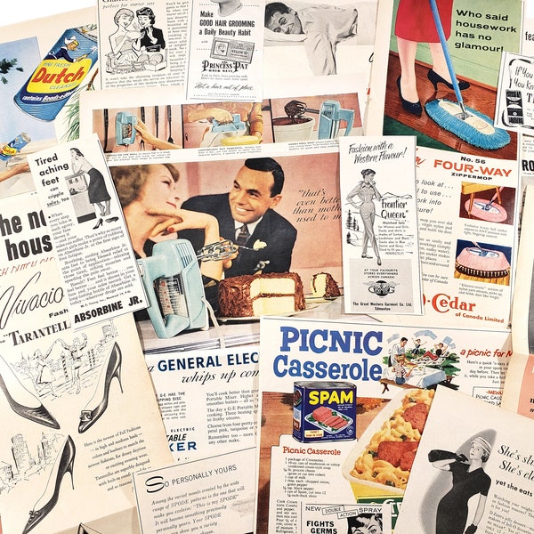 Vintage 1950s ADVERTISING Ephemera, Housewares, fashion, Women, Vintage ephemera, junk journals, scrapbooking paper, collage art supplies