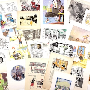 Pages de livres pour enfants vintage - plus de 25 pièces, illustrées, documents éphémères vintage, journaux indésirables, collages d'art, fournitures de scrapbooking, etc.