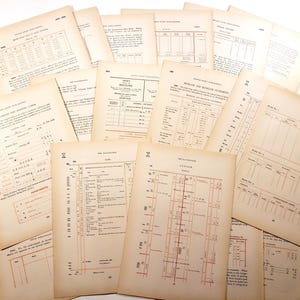 May include: A collection of vintage, aged paper documents with printed text and tables. The papers have a cream colour with some featuring red ink. The documents appear to be from an archive or historical collection.