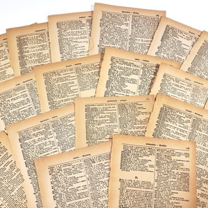 Op de afbeelding: Een verzameling vintage woordenboekpagina's, elk met een ander woord of een andere zin, ligt verspreid op een witte achtergrond. De pagina's zijn vergeeld door de tijd en hebben een versleten, antieke uitstraling.