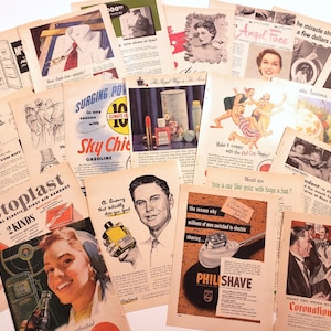 Op de afbeelding: Een verzameling vintage advertenties uit het midden van de 20e eeuw, met verschillende producten en diensten. De advertenties tonen illustraties en tekst, met een focus op consumptiegoederen, waaronder benzine, cosmetica en EHBO-artikelen. Het kleurenpalet wordt gedomineerd door warme tinten.
