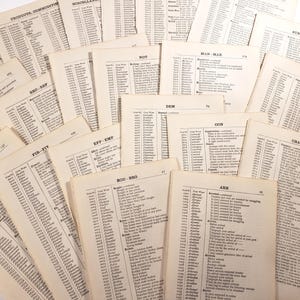 Peut inclure: Plusieurs pages de papier vieilli, de couleur blanc cassé, remplies de petits caractères noirs. Les pages sont disposées en éventail, affichant diverses listes et titres, suggérant un thème de référence ou de dictionnaire.