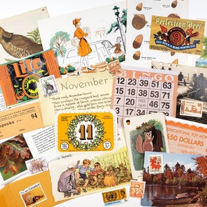 May include: A collection of vintage ephemera, including illustrations, labels, stamps, and a bingo card. The items feature illustrations of a bird, a squirrel, and a landscape. There is also a label that says "Perfection Beer".