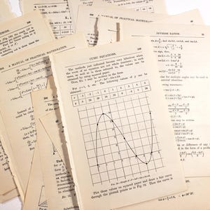 May include: A collection of aged, torn pages from a textbook on mathematics. The pages display equations, graphs, and text, including "Graphical Methods" and "Cubic Equations." The paper has a yellowed, vintage appearance.