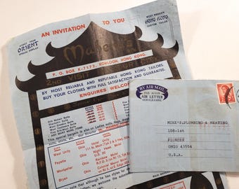 Vintage AIRMAIL Hong Kong, Blue Envelopes, Postmarked, Vintage Paper Ephemera, travel junk journal, scrapbooking, collage art, advertisement