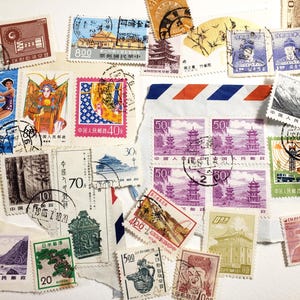 timbres-poste asiatiques vintage, Japon, Chine, Corée, artisanat en couleur, collage d'art, éphémères vintage, annulé, carnet de voyage indésirable, fournitures d'art