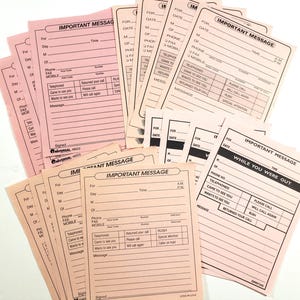 May include: A selection of pink "Important Message" pads. Each pad has a form with spaces for date, time, phone number, and a message. These pads are designed for taking telephone messages.