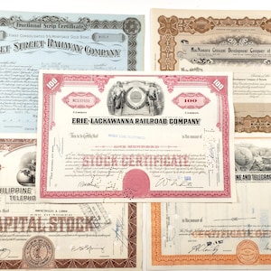 Actions d'entreprise anciennes, documents anciens, documents éphémères en papier vintage, journaux indésirables, papier de scrapbooking, fournitures d'art pour collage, actions de chemin de fer