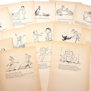 Edward Lear Limericks, Vintage Book Pages, 20+ illustrations, vintage ephemera pack, junk journal, collage art, scrapbooking supplies 1970s