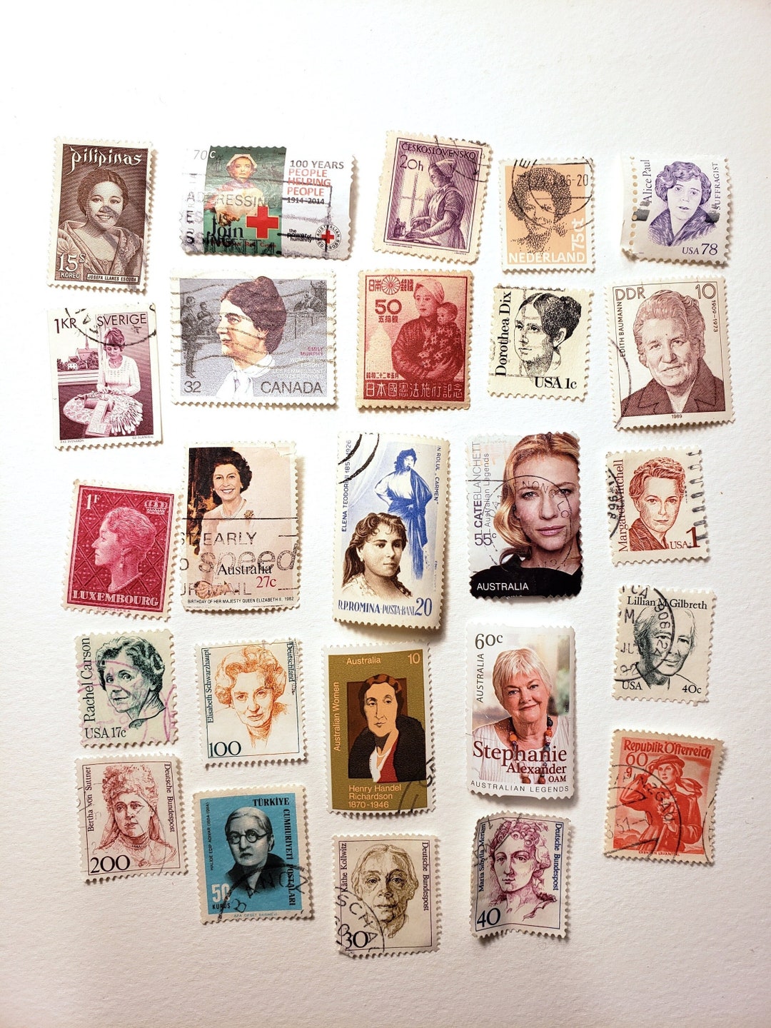Postage Stamp Themed POSTAGE STAMPS, 15 Different Stamps, Colour Craft  Collage Art Ephemera, Vintage Used & Cancelled, off Paper 