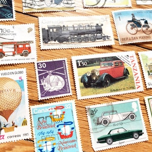 TRANSPORT - 25 timbres-poste vintage, 25 tous différents, voyages, collage artisanal, art éphémère de scrapbooking, oblitérés, hors papier