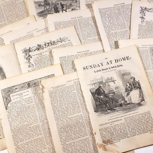 Pages religieuses antiques - Dimanche à la maison 1856, 20 feuilles, éphémère vintage du 19ème siècle pour journalisation de pacotille, albums, journal de prière, etc.