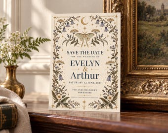 Könnte beinhalten: Eine cremefarbene Save-the-Date-Karte mit einer zentralen Mottenillustration, einem Halbmond und botanischen Rändern mit blauen und weißen Blumen. Der Text lautet: Save the Date for the wedding of Evelyn & Arthur, Saturday 12 June 2027, The Old Orangery, Yorkshire.