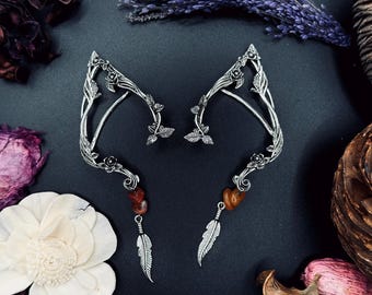 Silver Feather Elf Ear Cuffs – Fantasy Cosplay Jewelry - Piercing & Clip-on Style Options