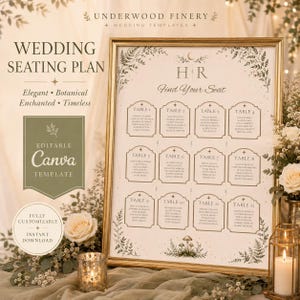 May include: A wedding seating plan template in a gold frame featuring botanical illustrations of ferns and mushrooms. The white sign displays the text "Find Your Seat" and lists twelve tables with names in a grid layout, accented by a moon and star icon.