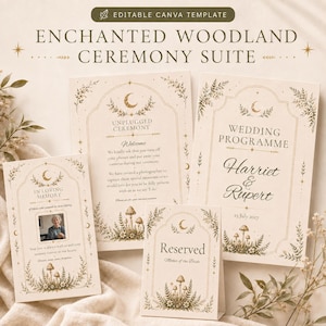 May include: An editable Canva template for an enchanted woodland ceremony suite featuring cream-colored cards with gold botanical illustrations, crescent moons, and stars. The set includes an unplugged ceremony sign, a wedding programme, a memorial card, and a reserved sign.