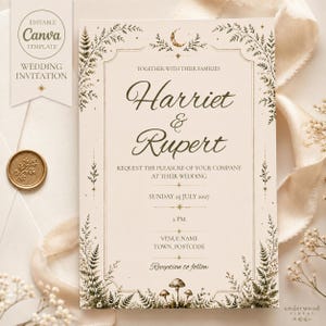 May include: A cream-coloured wedding invitation template featuring dark green botanical fern illustrations, a crescent moon, and stars. The text reads Harriet & Rupert, request the pleasure of your company at their wedding, Sunday 25 July 2027, 2 PM.