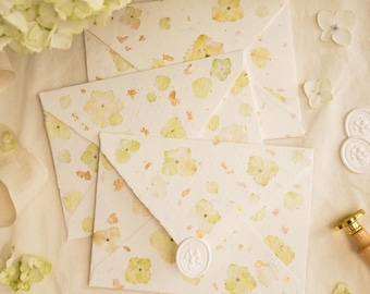 Hydrangea Floral Envelopes Set with Gold Flakes, Wedding Invitation Stationery, Handmade Recycled Deckle Edge A7/B6 Paper